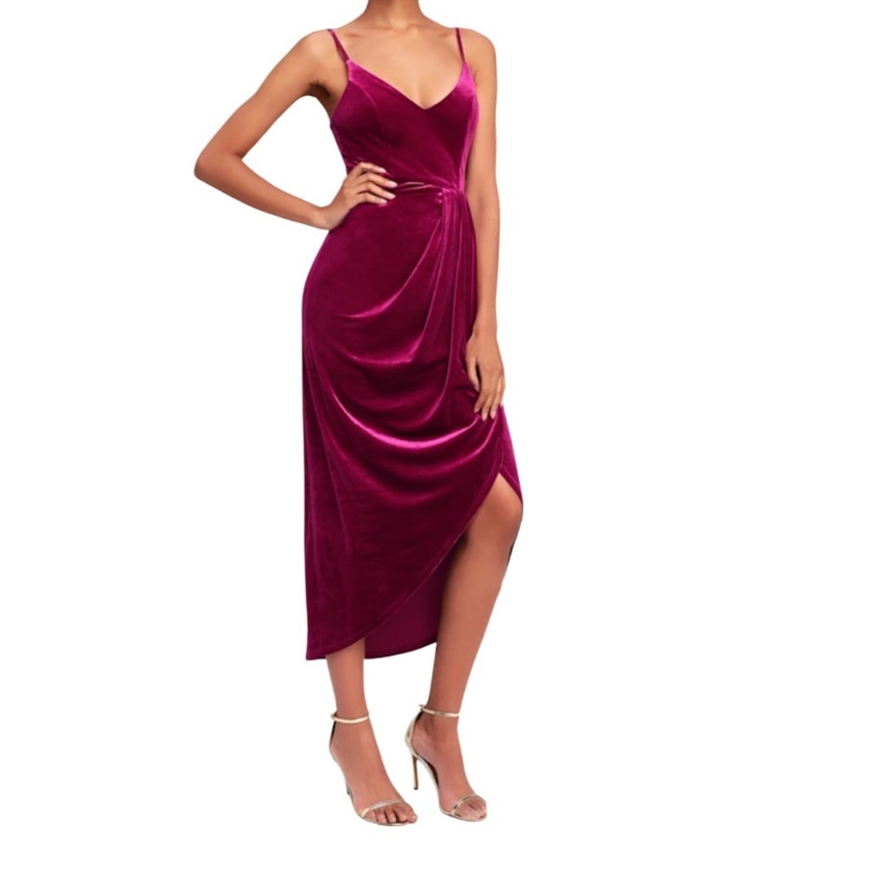 Lulu's Asymmetrical Velvet Midi Dress in Magenta-Size Small, Like New